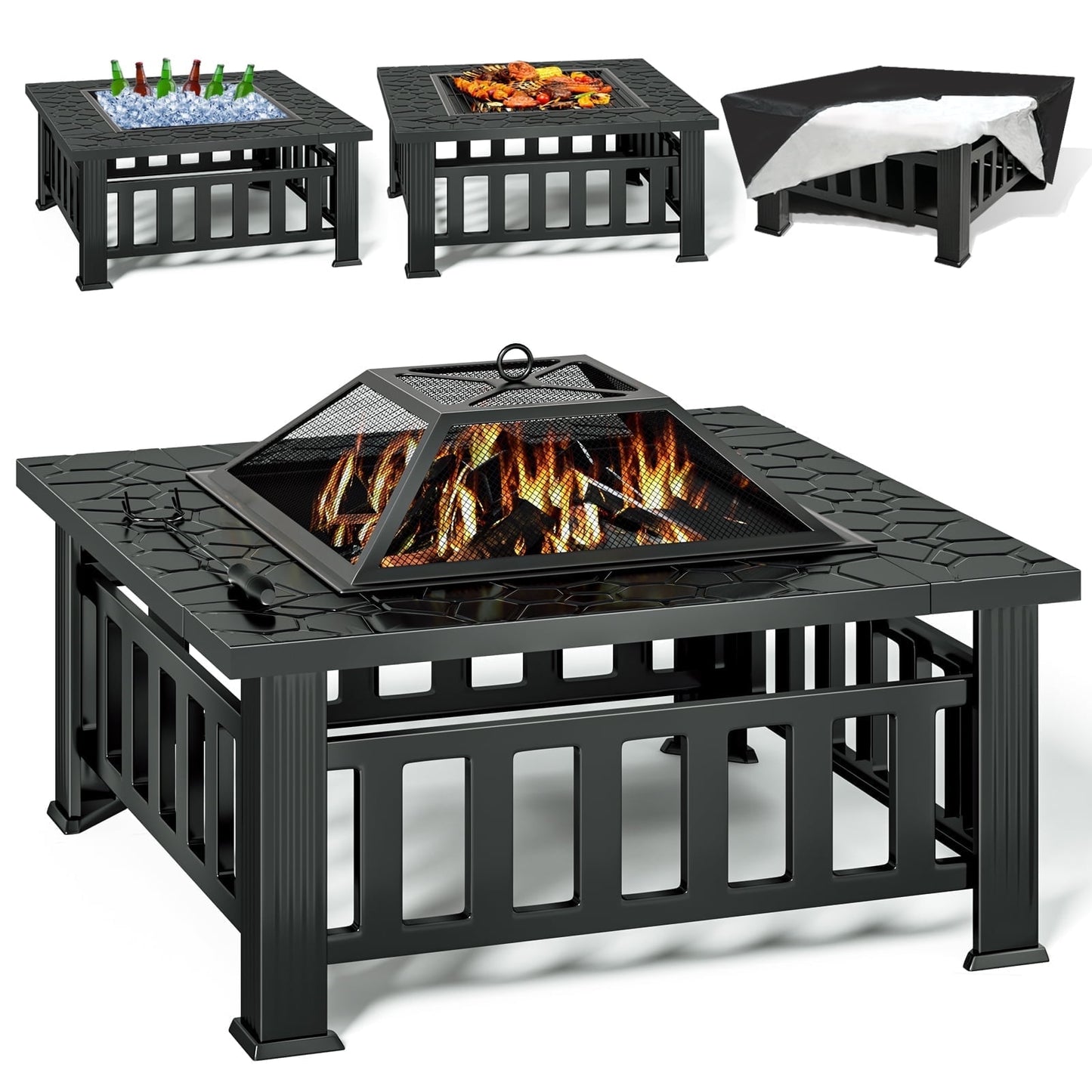 KingChii 32" Fire Pit Table Wood Burning Square Metal Firepit for Outdoor, Patio Backyard BBQ with Mesh Lid, Poker and Cover, Black