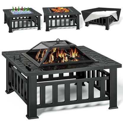 KingChii 32" Fire Pit Table Wood Burning Square Metal Firepit for Outdoor, Patio Backyard BBQ with Mesh Lid, Poker and Cover, Black