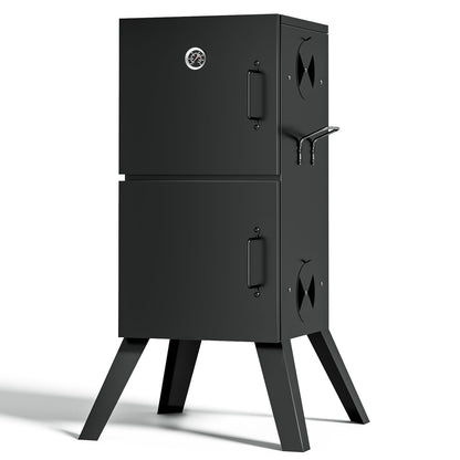 Kingchii Vertical Charcoal Smoker BBQ Grill with Built-in Thermometer, Portable Smoker for Backyard, Camping, Barbecue, and Outdoor Grilling