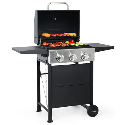 MASTER COOK 3 Burner BBQ Propane Grill, 30,000 BTU Patio Garden Barbecue Gas Grill with Two Foldable Shelves