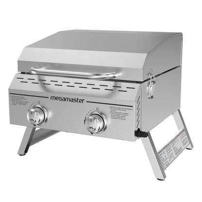 Megamaster 2-Burner Stainless Steel Portable Gas Grill with Built-In Lid, 16,000 BTUs, Foldable Legs, Small Propane Grill for Outdoor Cooking, Camping, BBQs, Patios, Tabletop, and Gardens - 820-0033M