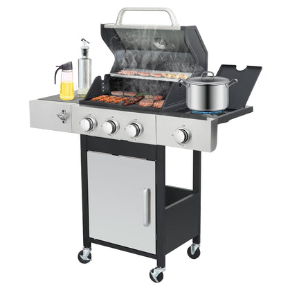Nice Cooker 3-Burner Propane Gas Grill with Side Burner, 37000 BTU Outdoor BBQ Grill with Porcelain-Enameled Cast Iron Grates, Double Layer Lid, Built-in Thermometer Stainless Steel Grill for Outdoor
