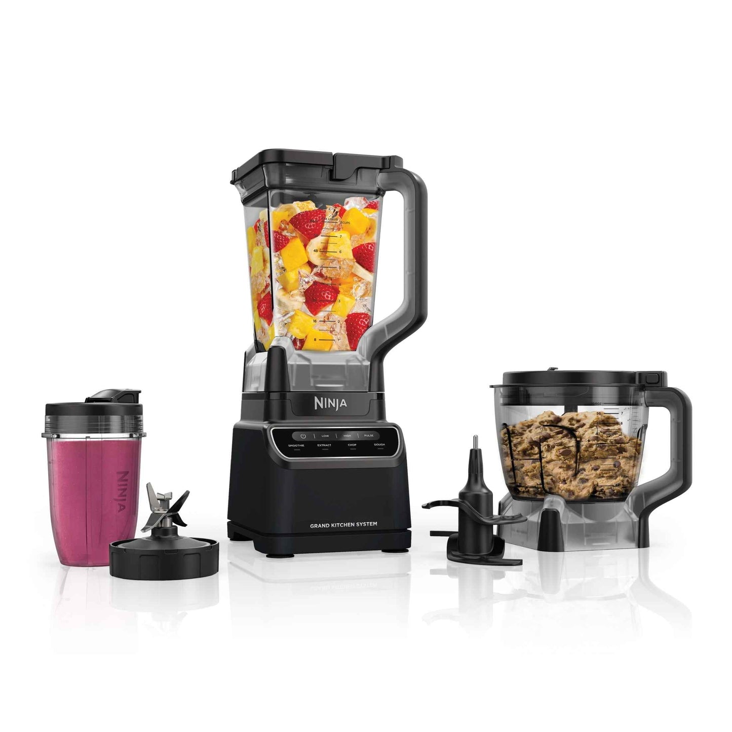 Ninja Grand Kitchen System, 1200W, 72 oz Pitcher, 8-Cup Food Processor, 18 oz To-Go Cup, 4 Presets - Smoothies, Extract, Dough and Chop, Black, KS500