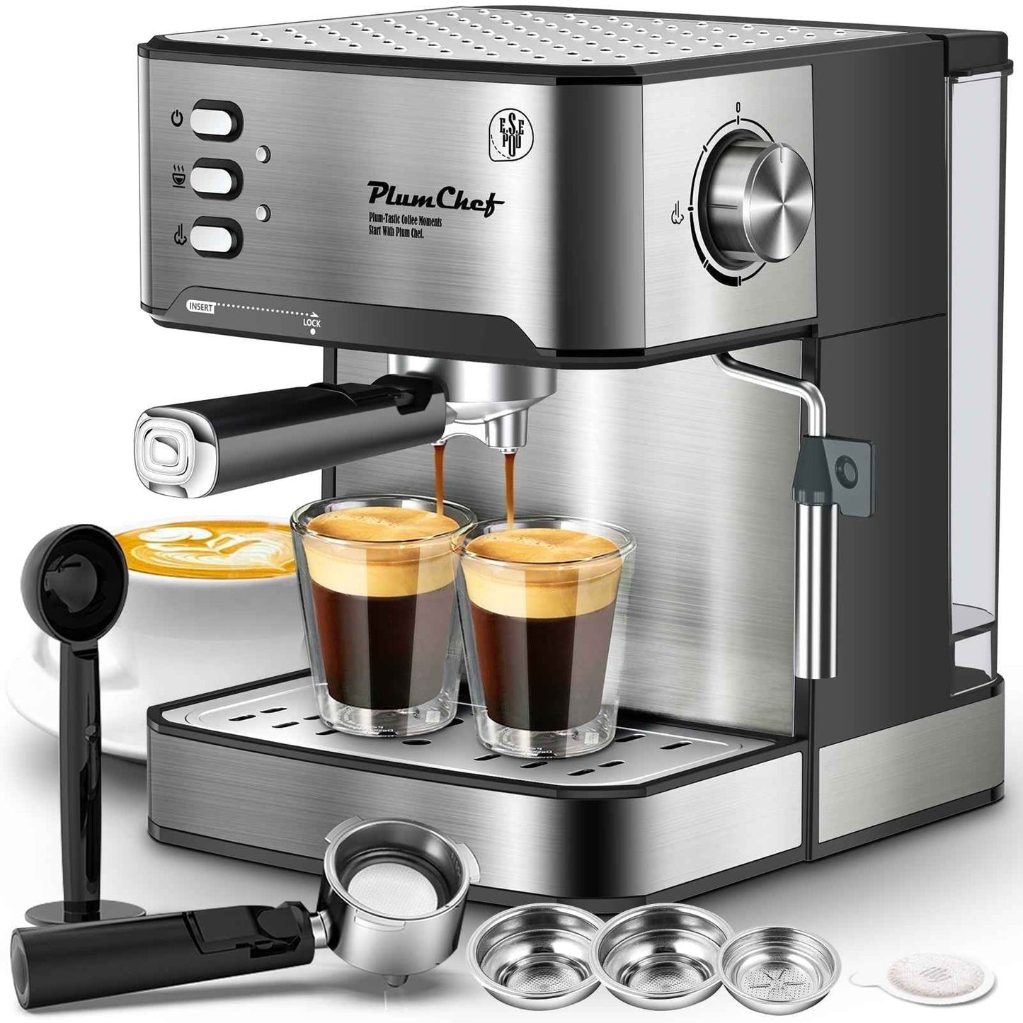 Plum Chef Espresso Machine, 20 Bar Coffee Maker with Foaming Milk Frother Wand, Espresso & Cappuccino Latte Maker Coffee Machine, 850W, 1.6L Removable Water Tank, Black&Silver