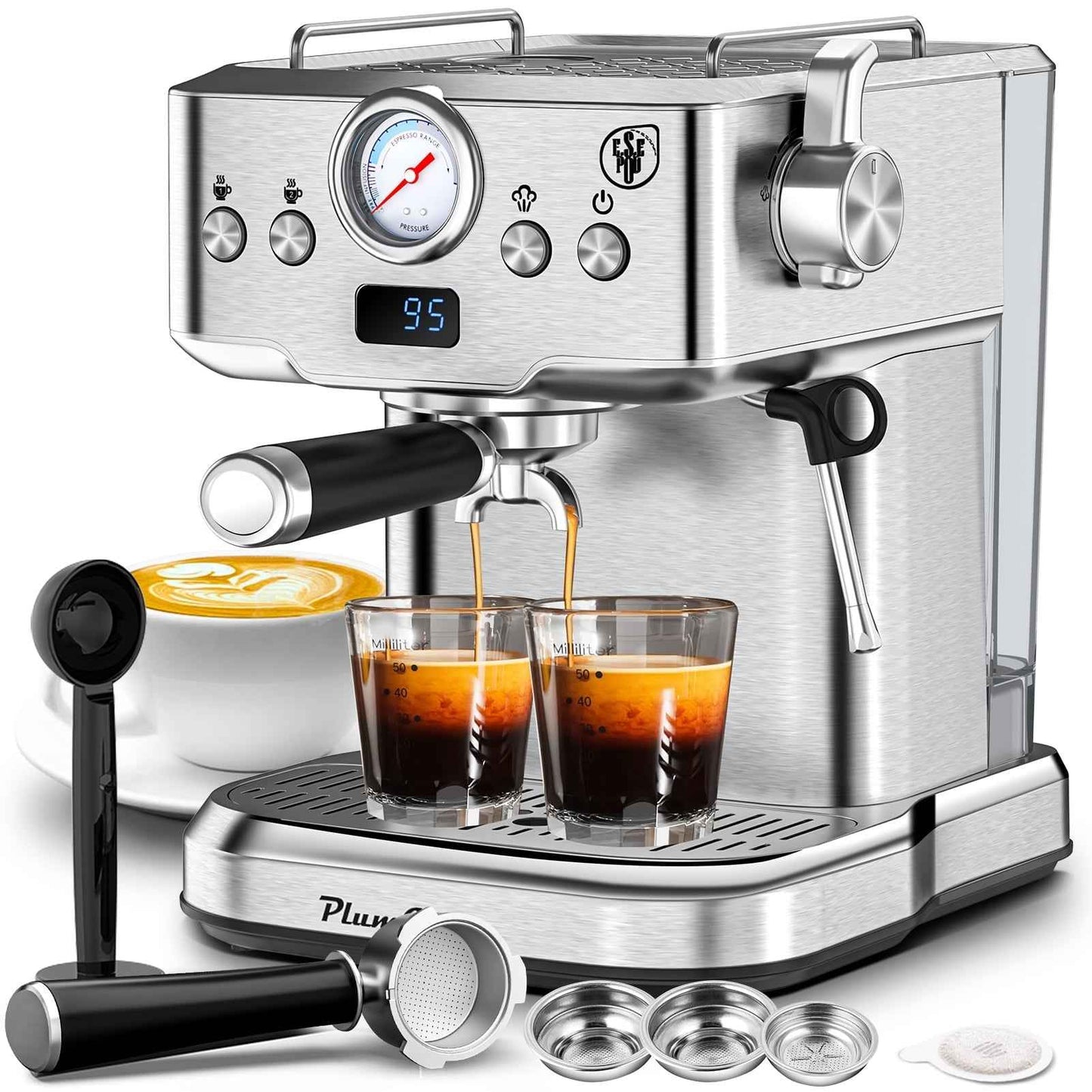 Plum Chef Espresso Machine 20 Bar Maker Coffee Machine 1.8L Water Tank, Stainless Steel, Silver