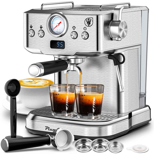 Plum Chef Espresso Machine 20 Bar Maker Coffee Machine 1.8L Water Tank, Stainless Steel, Silver