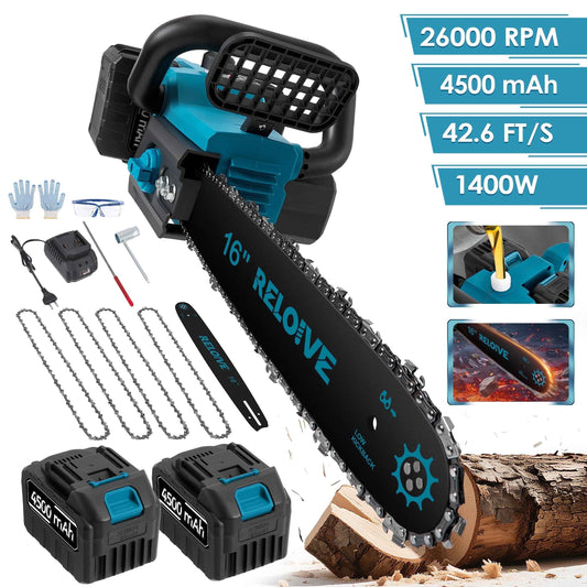 RELOIVE 16" Cordless Electric Chainsaw with Brushless Motor, 26000 RPM, 42.6 FT/S Chain Speed, Two 4.5Ah Batteries, 4 Chains, Handheld Wood Cutting Tool