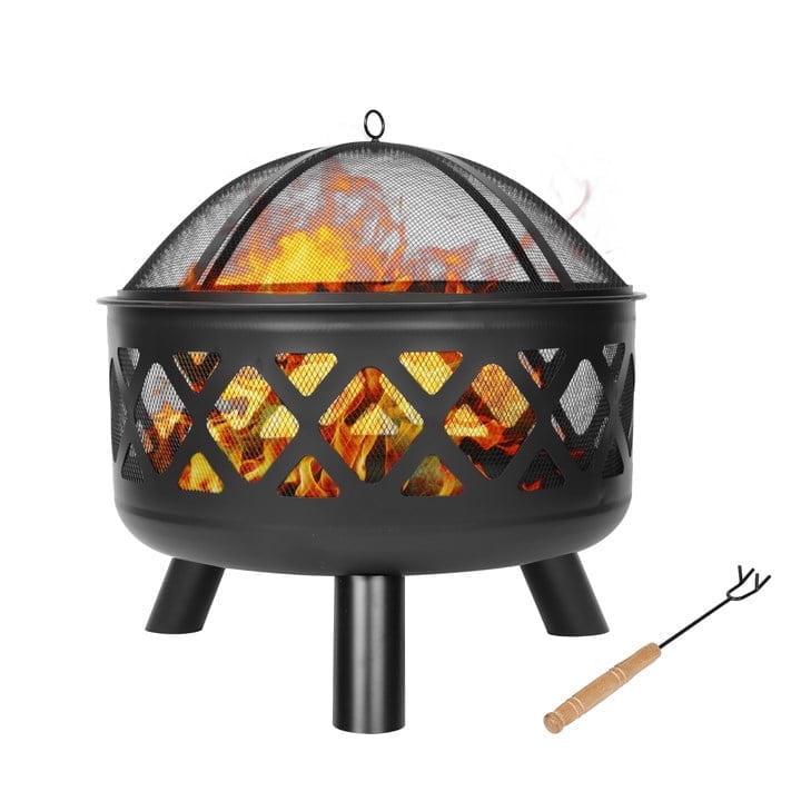 Red Mountain Valley Outdoor Wood Burning Fire Pit 24'' with Poker and Cover, 2-in-1 Functionality Cross-Woven Steel Fire Pits for Outside, Outdoor Fireplaces for Camping,BBQ, Patio,Backyard