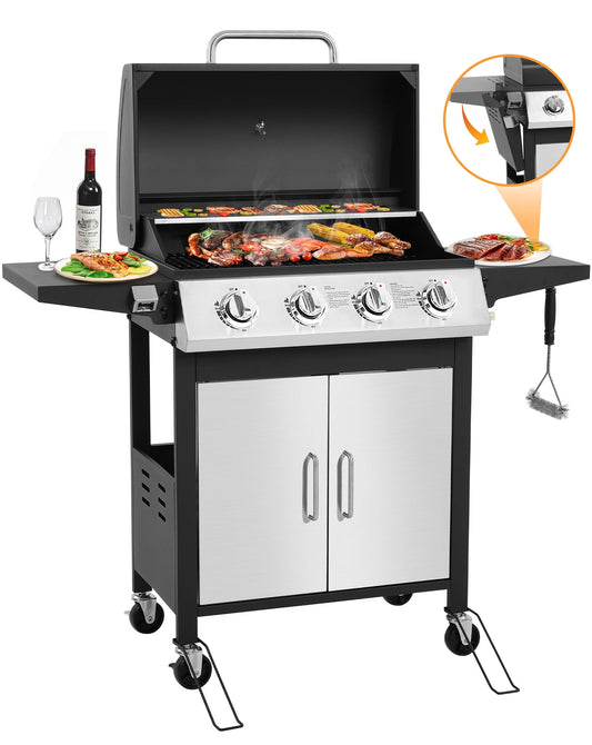 SEGMART 4 Burner BBQ Propane Gas Grill, Stainless Steel 40,000 BTU Patio Garden Barbecue Grill with Folding Side Tables, Cleaning Brush & Thermometer, Perfect for Camping, Outdoor Cooking