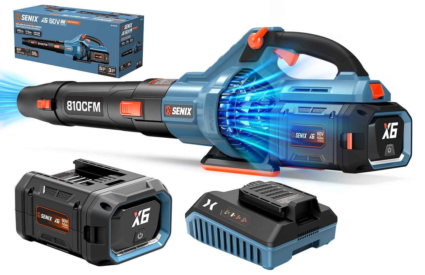 SENIX X6 60V Max* Brushless Cordless Leaf Blower with 4.0 Ah Battery and Charger, Variable Speed Up to 810CFM 170MPH, BLAX6-M1