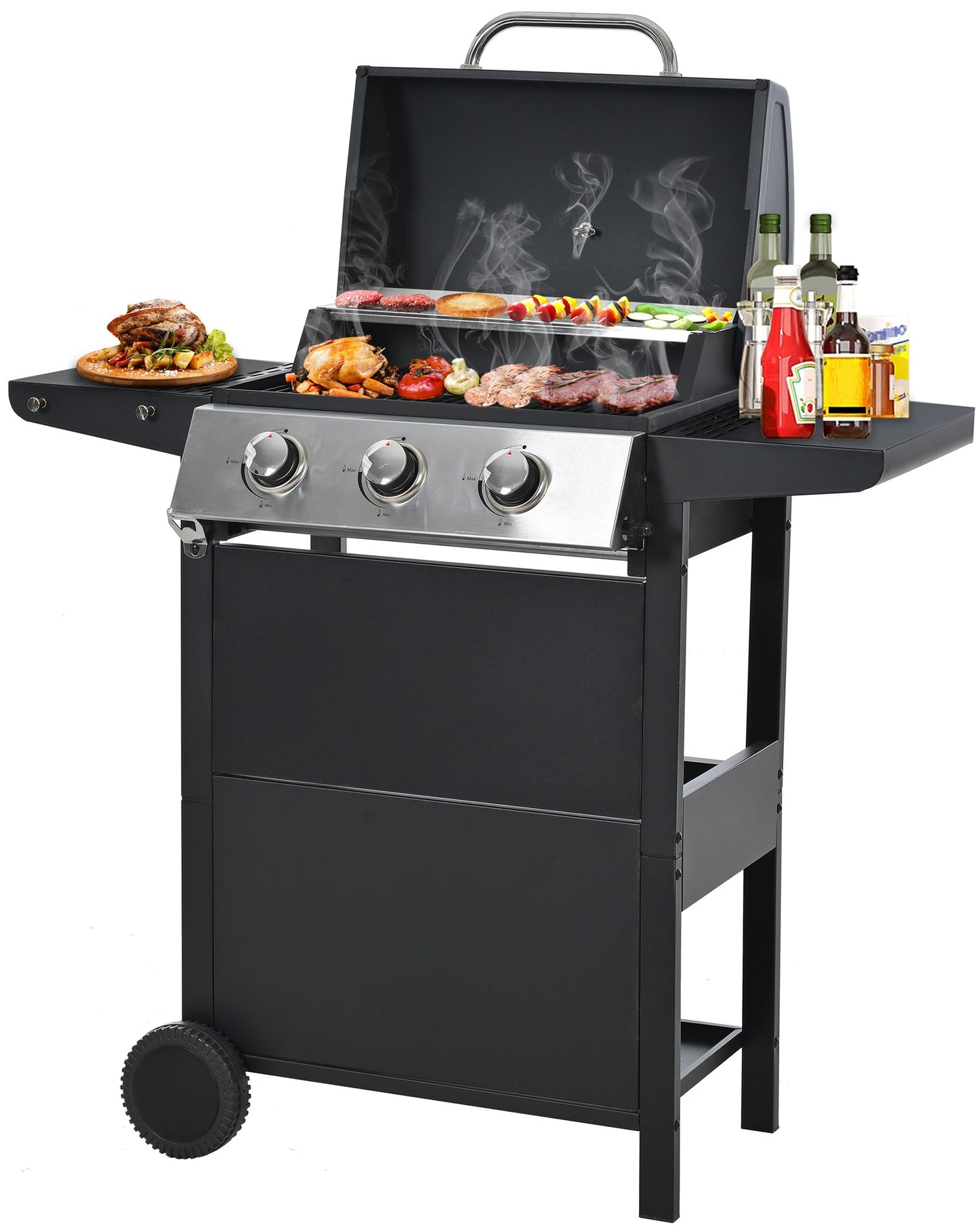 Segmart 3 Burner BBQ Propane Gas Grill, Stainless Steel 25,650 BTU Patio Garden Barbecue Grill with Side Tables, Bottle Opener & Thermometer, Perfect for Camping, Outdoor Cooking