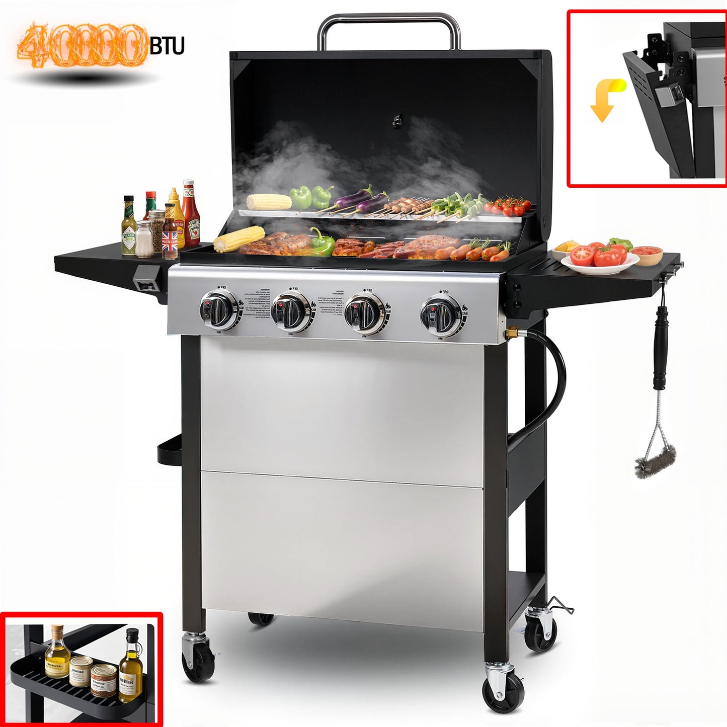 4000BTU Propane Gas Grill, Seizeen Stainless Steel 4-Burner BBQ Grill , Outdoor Patio Camping Portable Grill w/Foldable Side Table, Hanging Basket, Steel Brush, Universal Wheels