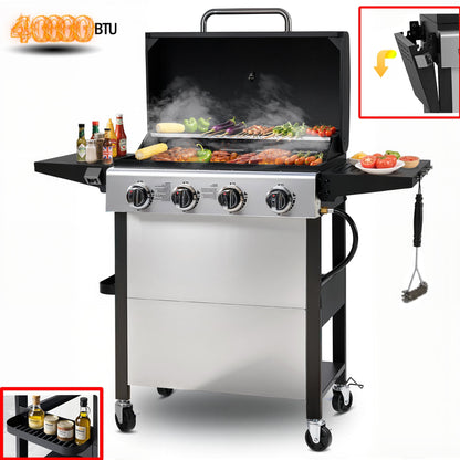 4000BTU Propane Gas Grill, Seizeen Stainless Steel 4-Burner BBQ Grill , Outdoor Patio Camping Portable Grill w/Foldable Side Table, Hanging Basket, Steel Brush, Universal Wheels