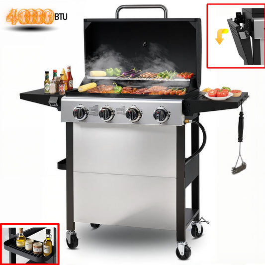 4000BTU Propane Gas Grill, Seizeen Stainless Steel 4-Burner BBQ Grill , Outdoor Patio Camping Portable Grill w/Foldable Side Table, Hanging Basket, Steel Brush, Universal Wheels