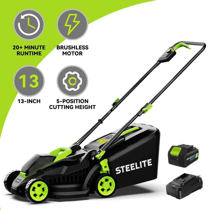 Steelite 13-Inch Cordless Lawn Mower, 21V Electric Lawn Mowers with Brushless Motor for Garden,5 Heights Adjustment, 4.0Ah Battery & Charger Included