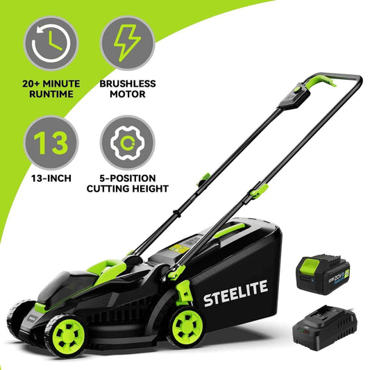 Steelite 13-Inch Cordless Lawn Mower, 21V Electric Lawn Mowers with Brushless Motor for Garden,5 Heights Adjustment, 4.0Ah Battery & Charger Included