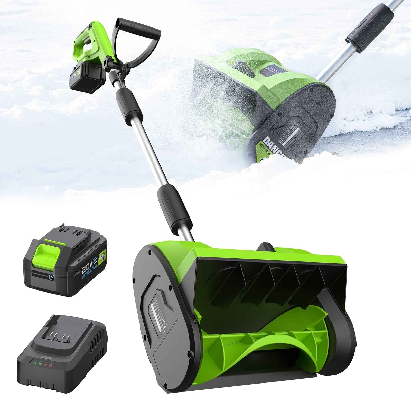 Steelite 21V 12 Inch Cordless Snow Shovel, Battery Powered Snow Blower with Directional Plate & Adjustable Front Handle,4.0-Ah Battery & Quick Charger Included