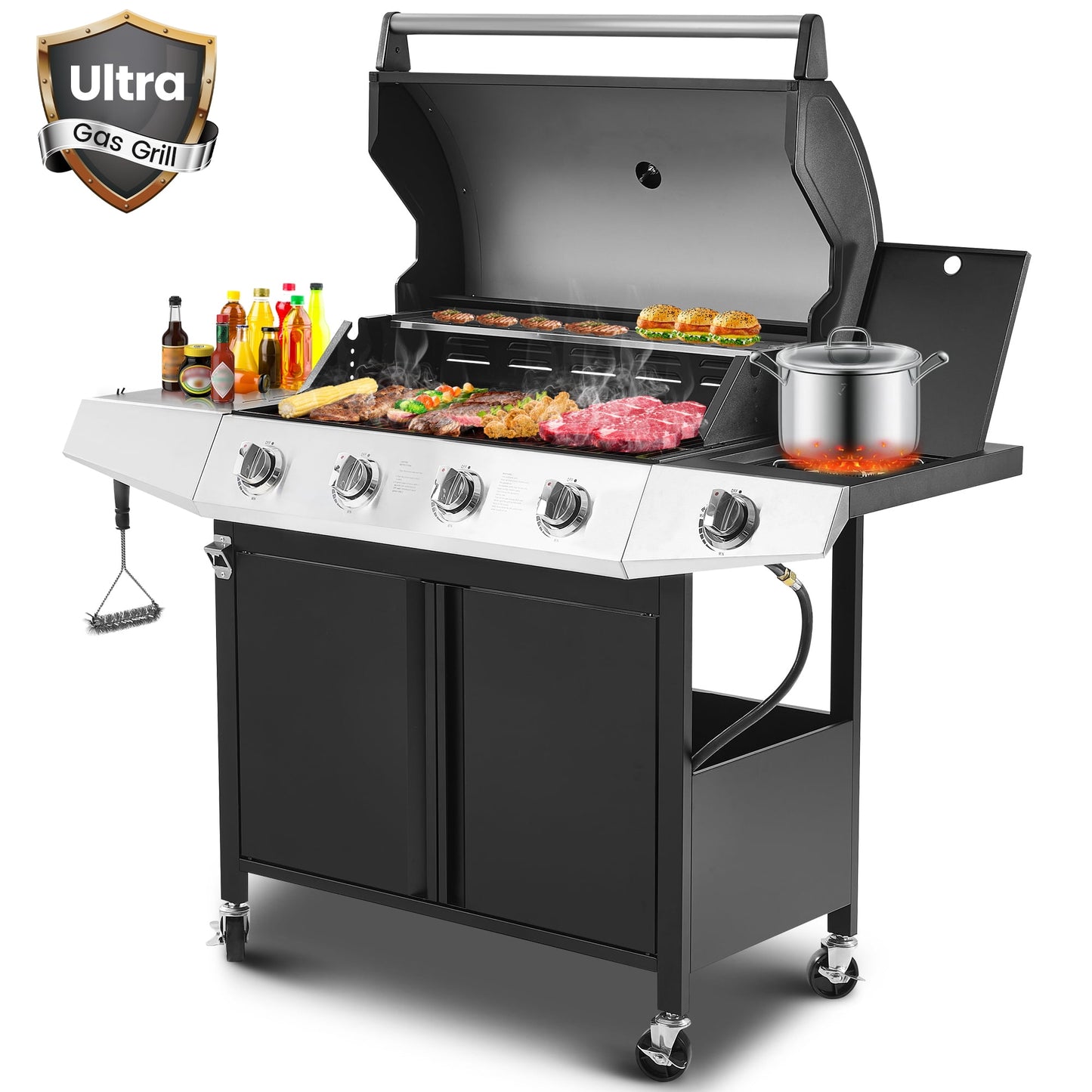 50000 BTU Gas Grills, SYNAGR Propane Grill with 566 sq.in Cooking Area, 5-Burner Stainless Steel BBQ Grill with Side Burner and Thermometer for Outdoor Party, Camping
