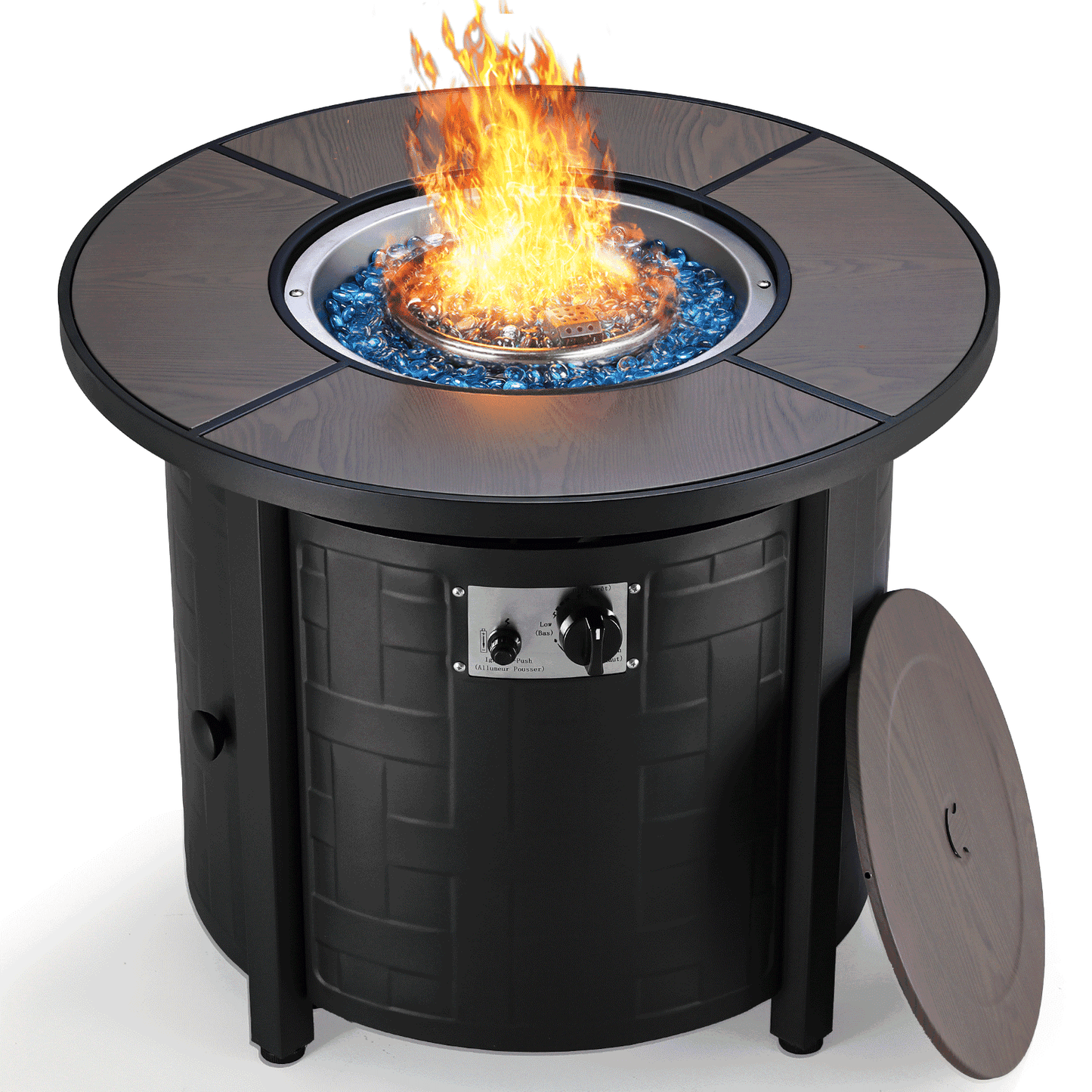 TLGREEN 30" Propane Fire Pit Table with Lid and Blue Stone, 50,000 BTU Auto-Ignition Circular Gas Fire Pit for Outdoor, with CSA Certified