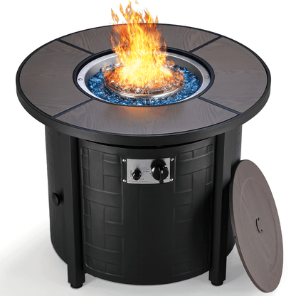 TLGREEN 30" Propane Fire Pit Table with Lid and Blue Stone, 50,000 BTU Auto-Ignition Circular Gas Fire Pit for Outdoor, with CSA Certified