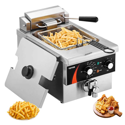 VEVOR Commercial Deep Fryer, 1750W Electric Countertop Fryer with Basket, 9Qt /8.5 L Single Oil Fryer, 1mm Thickened Stainless Steel, Time & Temp Control, for Kitchen Restaurant Use, Silver