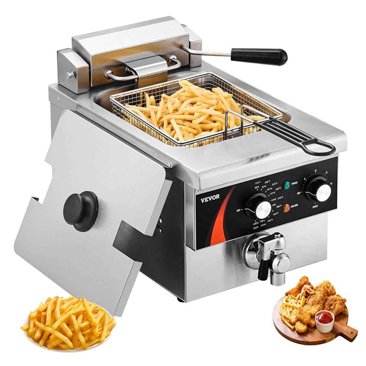 VEVOR Commercial Deep Fryer, 1750W Electric Countertop Fryer with Basket, 9Qt /8.5 L Single Oil Fryer, 1mm Thickened Stainless Steel, Time & Temp Control, for Kitchen Restaurant Use, Silver