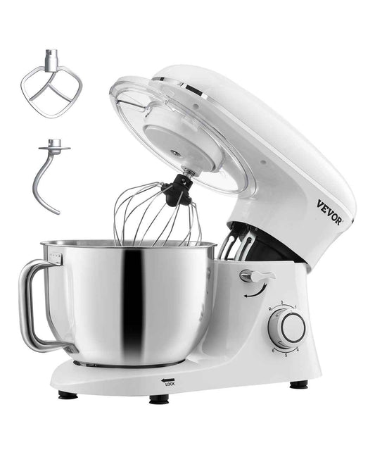 VEVOR Stand Mixer, 6 QT Dough Mixer, 660W 6 + P Speeds Tilt-head Food Mixer with Stainless Steel Bowl, Dough Hook, Wire Whip, Flat Beater, Scraper, Household Stand Mixer for Baking & Mixing, White
