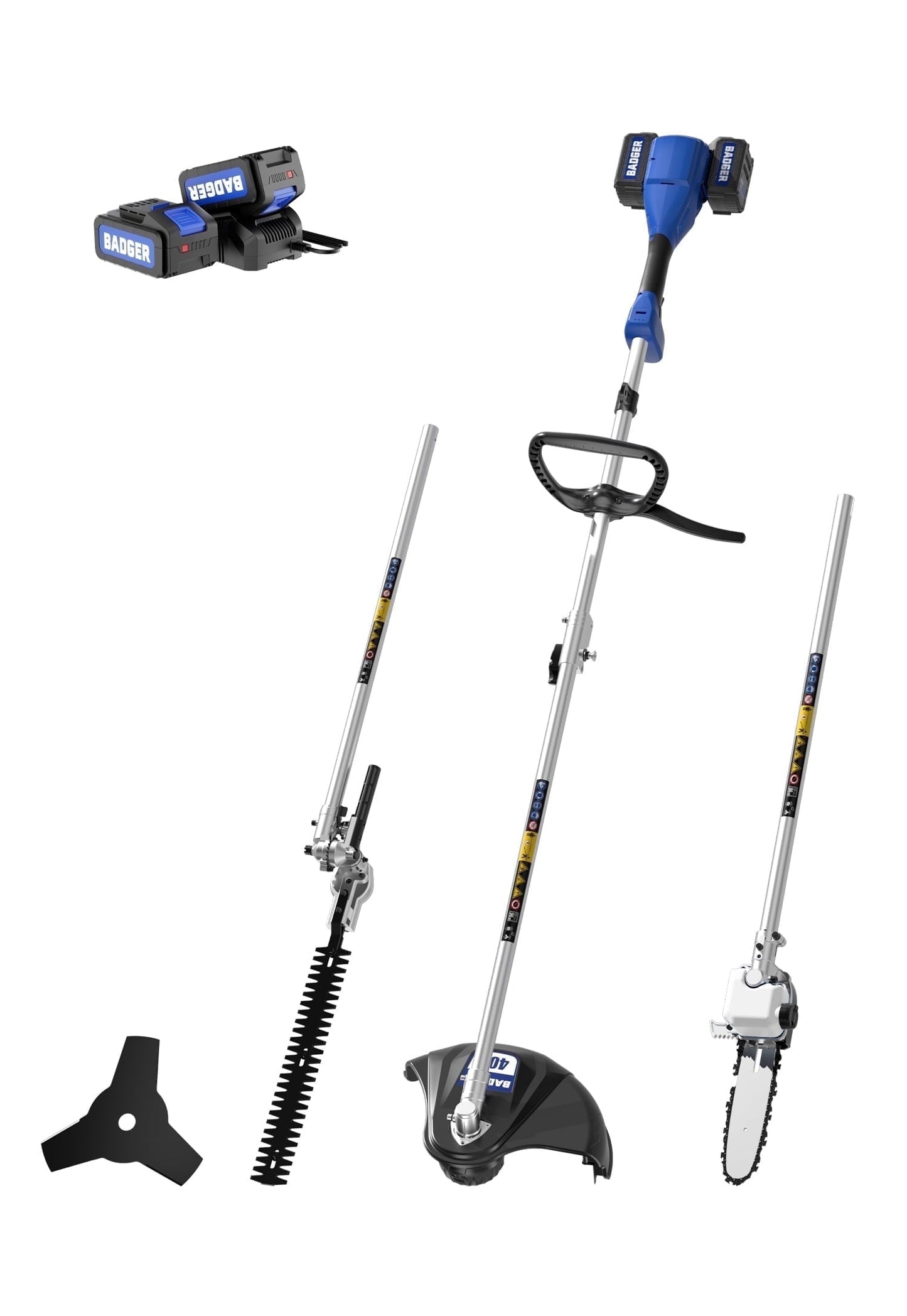 WILD BADGER 40V 4-in-1 Multi-Tool Kit: Weed Wacker, Pole Saw, Hedge Trimmer, Brush Cutter 2*20V 4Ah Batteries & Charger