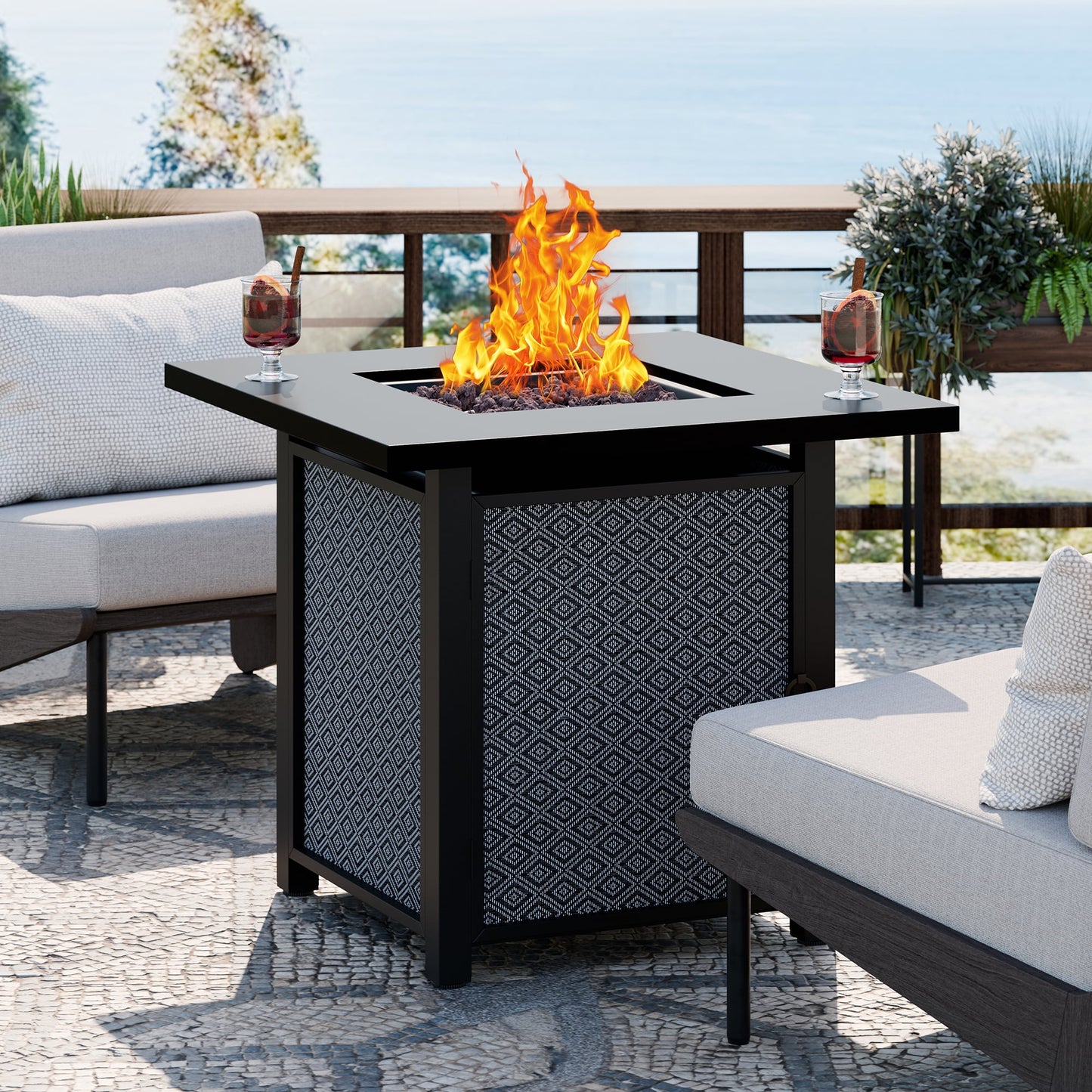 Walsunny 28" Propane Fire Pit Table Outdoor Gas Fire Pit with Lava Rocks 50,000 BTU Square Fire Table with Lid,Waterproof Cover