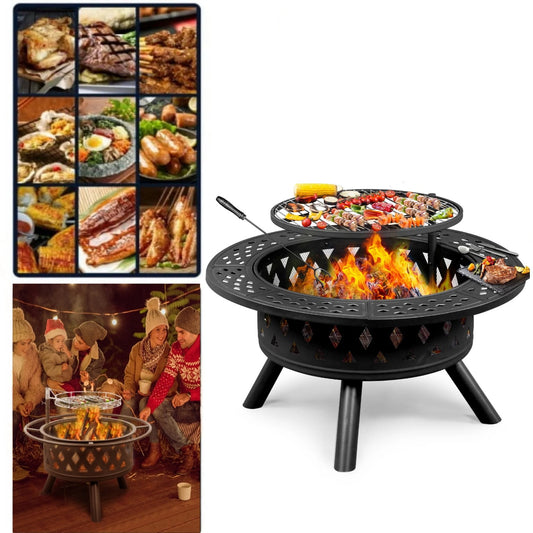 YDLW 38 inch Fire Pit for Outside 2 in 1 BBQ Wood Burning Fire Pit for Outdoor Camping Large Fire Pit Wood Bowl Firepit with Grate Spark Screen Log Grate