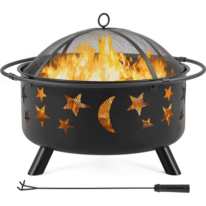 Yaheetech 30'' Outdoor Iron Round Fire Pit, Black, Wood