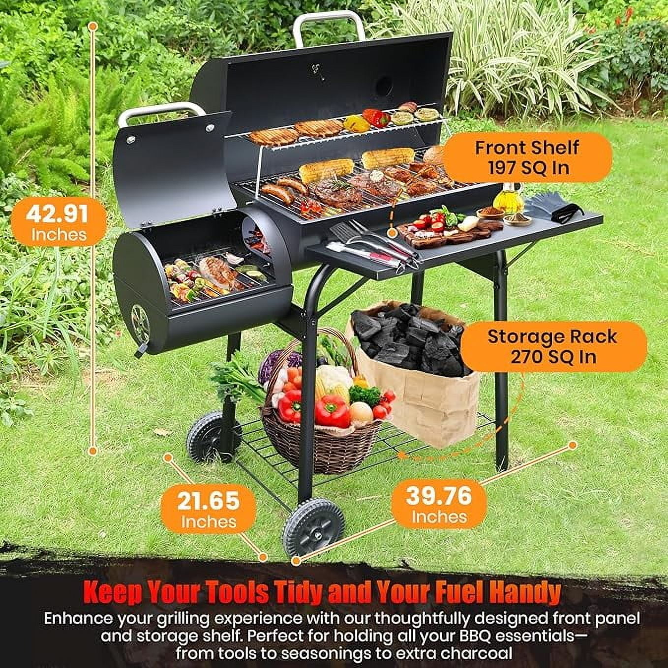 Charcoal Offset Smoker Grill - Family-Size 4-6 Person BBQ with Temperature Control & Portable Wheels
