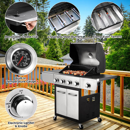 Pirecart 4 Burner Propane Gas Grill Stainless Steel BBQ Grill with 12,000 BTU Side Burner for Outdoor Cooking Kitchen and Patio Backyard Barbecue
