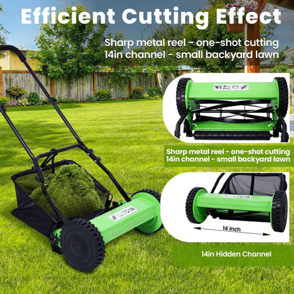 Seizeen Push Lawn Mower, 14-Inch 5-Blade Real Lawn Mover with Grass Catcher, 0.6’’-1.8’’ Height Adjustable Manual Lawn Mower with Bag, Green