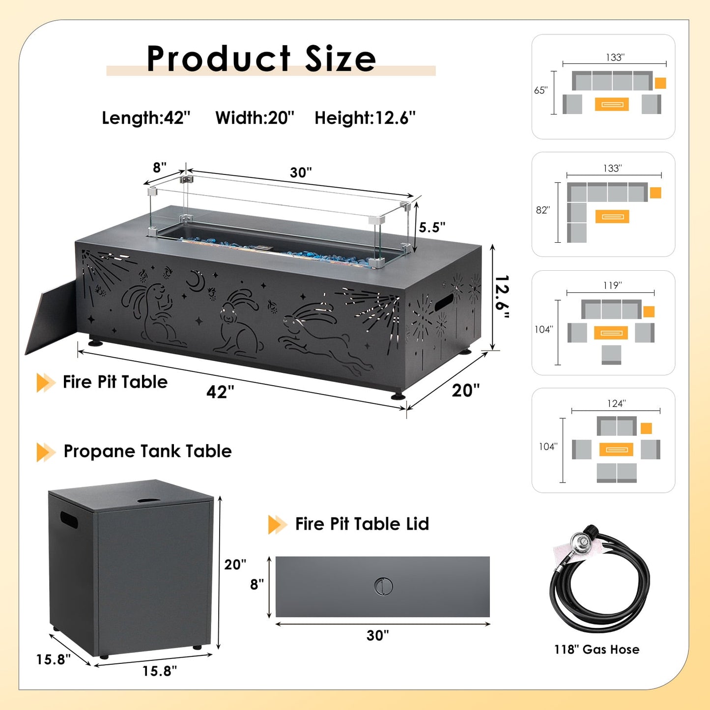 RADIATA 42" Rectangle Fire Pit Table, Dual-Fuel (Propane or Natural Gas), 50000 BTU,LED Rabbit Light, CSA Certified, Dark Gray