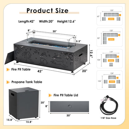 RADIATA 42" Rectangle Fire Pit Table, Dual-Fuel (Propane or Natural Gas), 50000 BTU,LED Rabbit Light, CSA Certified, Dark Gray