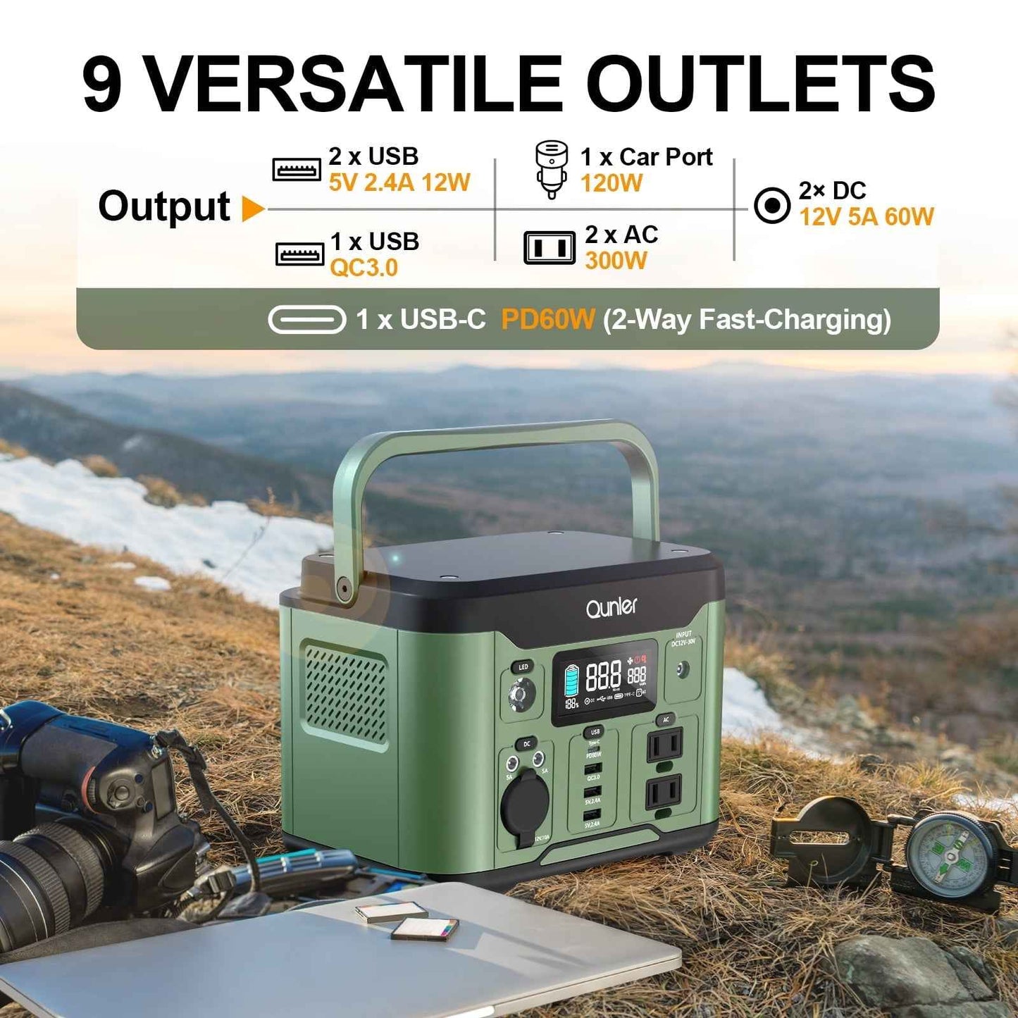 Qunler 300W Portable Power Station 296Wh 80000mAh with 60W PD In/Output Fast Charging, 120V AC Outlets Outdoor Solar Generator for Camping, RV, Home Backup, Emergency Power, Green No Solar Panel