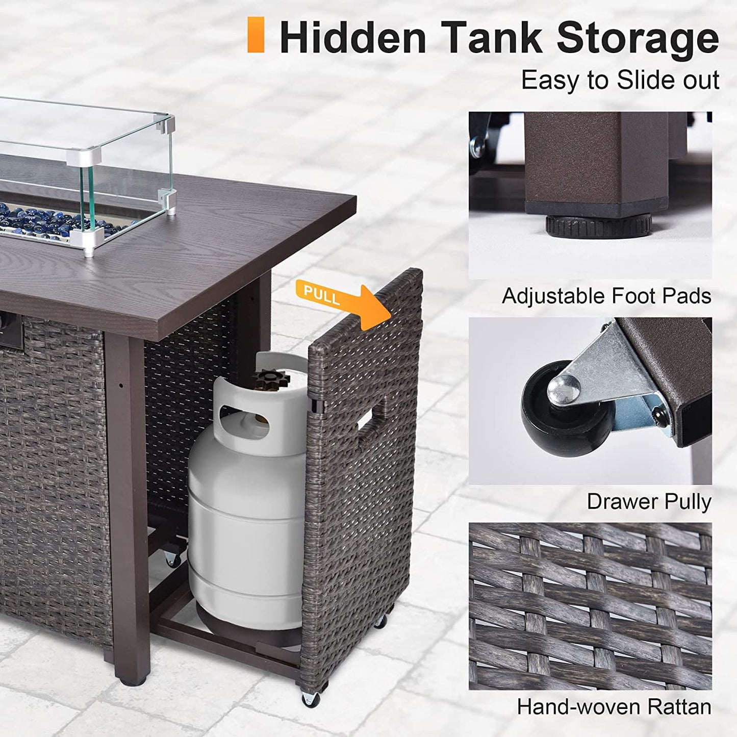 Phonjoroo Fire Pit Table 42 in Outdoor Propane Gas Fire Pit for Outside 50,000 BTU Auto-Ignition Gas Firepit Outdoor Rattan Table with Glass Wind Guard and Cover