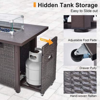 Phonjoroo Fire Pit Table 42 in Outdoor Propane Gas Fire Pit for Outside 50,000 BTU Auto-Ignition Gas Firepit Outdoor Rattan Table with Glass Wind Guard and Cover