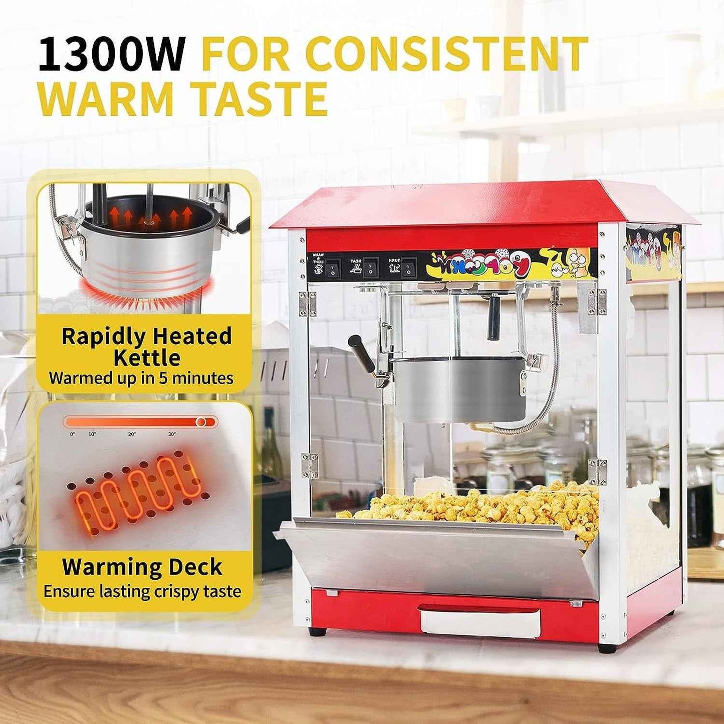 Akaber Commercial Popcorn Machine, 10 Oz Kettle, 1300W Countertop Popcorn Maker for 60 Cups per Batch, Movie Theater Popcorn Popper with 3-Switch Control, 2 Scoops 1 Cup