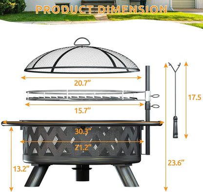 ELPOSUN Fire Pit for Outside 30 inch Outdoor Wood Burning Firepit Large Steel Firepit with protective cover for Backyard Bonfire Patio