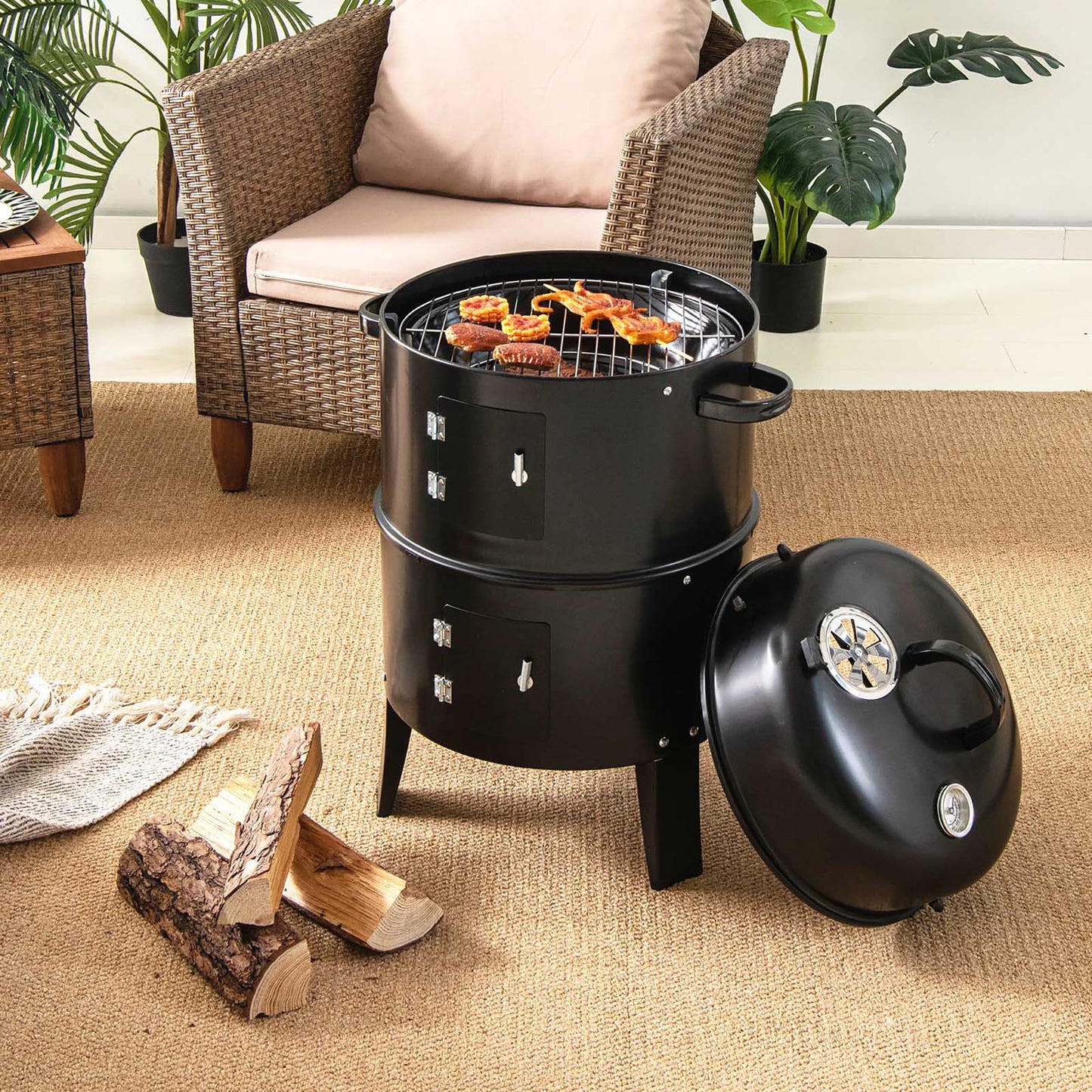 Costway3-in-1 Vertical Charcoal Smoker  Portable BBQ Smoker Grill with Detachable 2 Layer