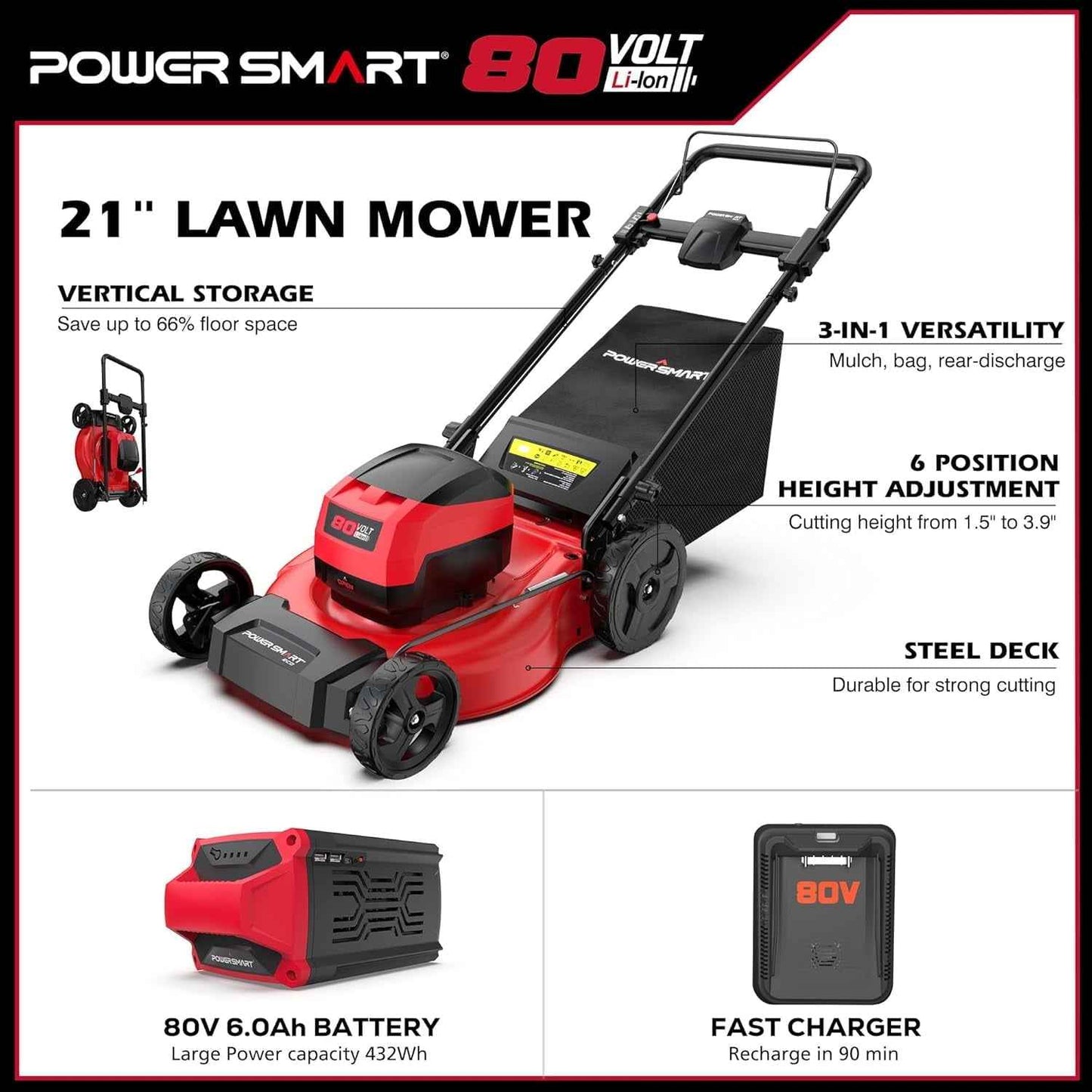 PowerSmart 3-in-1  21" 6A 80V  Cordless Lawn Mower, Brushless Motor, 6 Position Height Adjustment