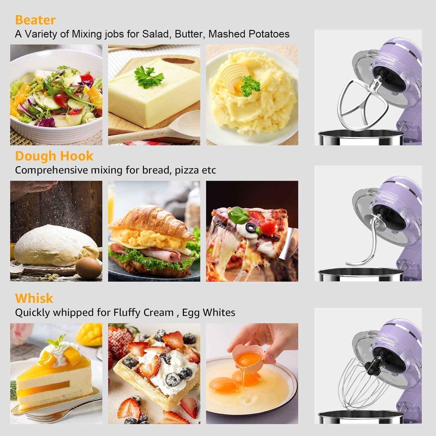 Ailessom New Stand Mixer,6.5-QT 10-Speed Tilt-Head Kitchen Electric Mixer with Bowl, Dough Hook, Beater, Whisk for Most Home Cooks, (Vine Purple）