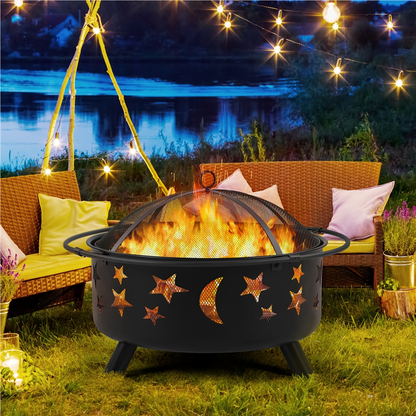 Yaheetech 30'' Outdoor Iron Round Fire Pit, Black, Wood