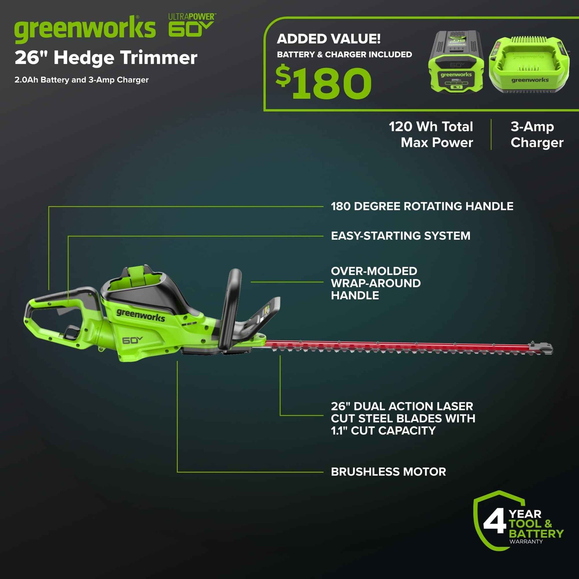 Greenworks 60V 26" Hedge Trimmer with 2.0 Ah Battery & 3 Amp Charger 2216602