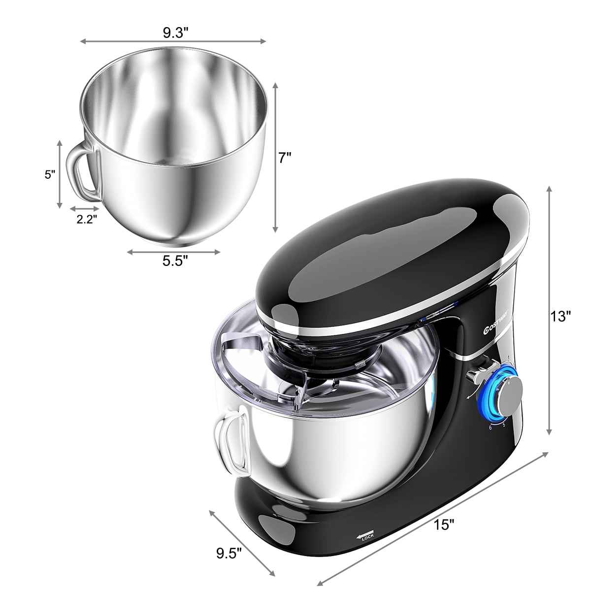 Costway 6.3 QT Tilt-Head Food Stand Mixer 6 Speed 660W wIth Dough Hook, Whisk & Beater Black