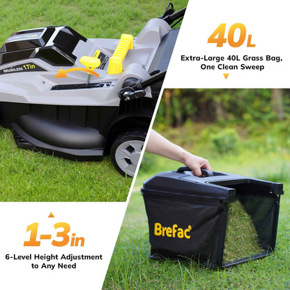 Brefac 40V (2 x 20V) 17'' Cordless Lawn Mower, Multi-Functional Grass Cutter with 4.0Ah Battery, 6 Adjustable Height Settings, Durable Manganese Steel Blades, Easy to Use for Medium to Large Lawn