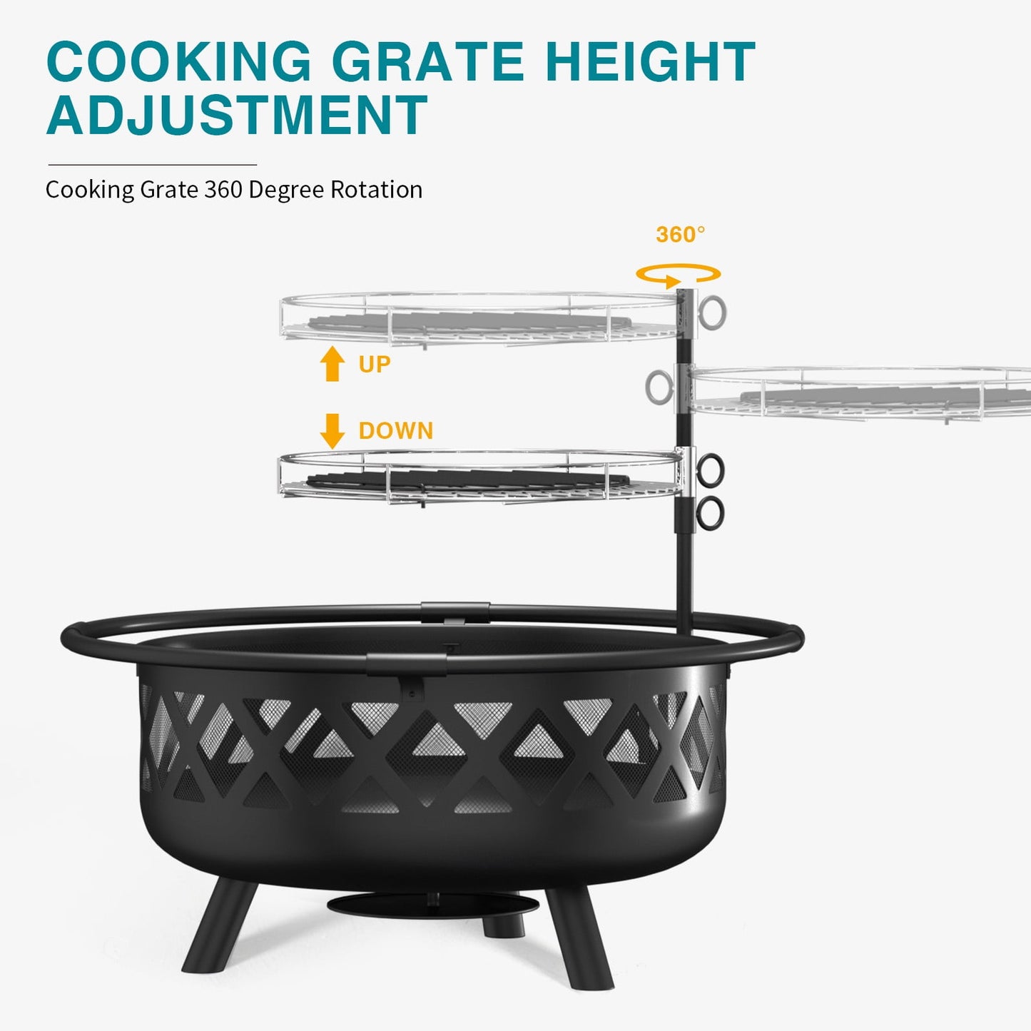 JolyDale 30 inch Outdoor Fire Pit with Cooking 2 in 1 Grate Wood Burning Firepit Steel Firepit Bowl with Swivel BBQ Grill, Poker for Backyard, Garden