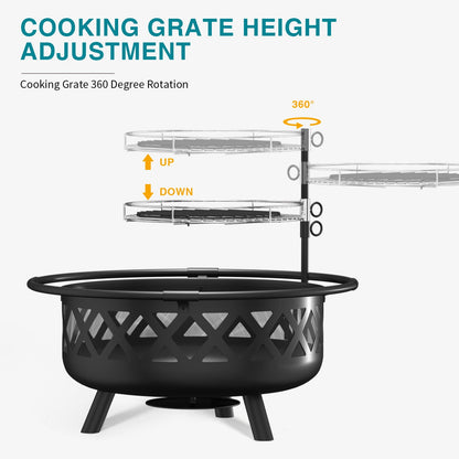 JolyDale 30 inch Outdoor Fire Pit with Cooking 2 in 1 Grate Wood Burning Firepit Steel Firepit Bowl with Swivel BBQ Grill, Poker for Backyard, Garden